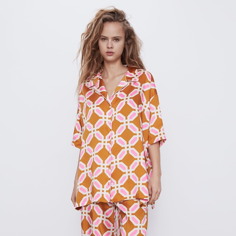 ZARA Geometric Print Pajama Top Button Down Blouse Bloggers Favorite Size M